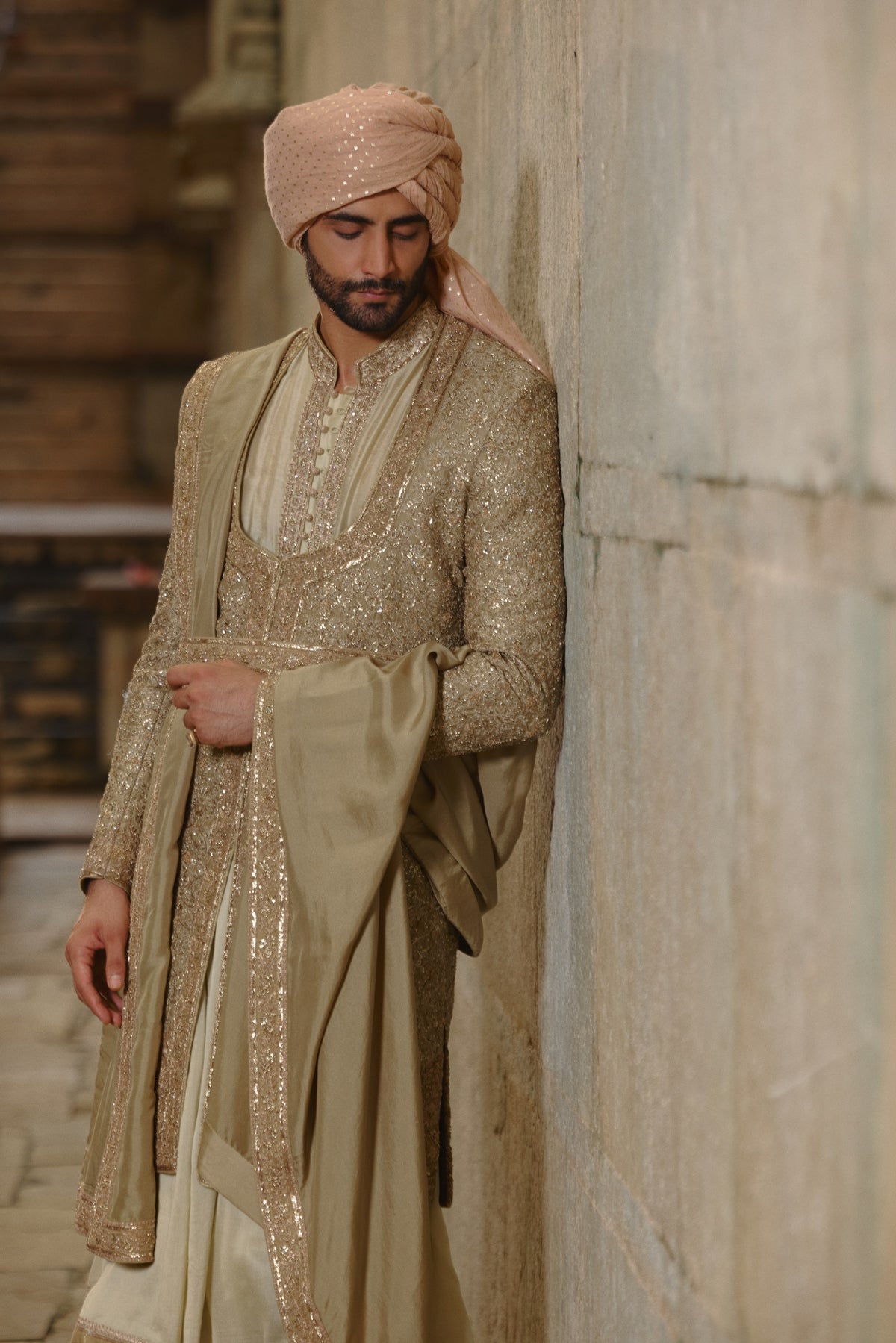 OLIVE GREEN RAW SILK SHERWANI WITH CHOGA SET