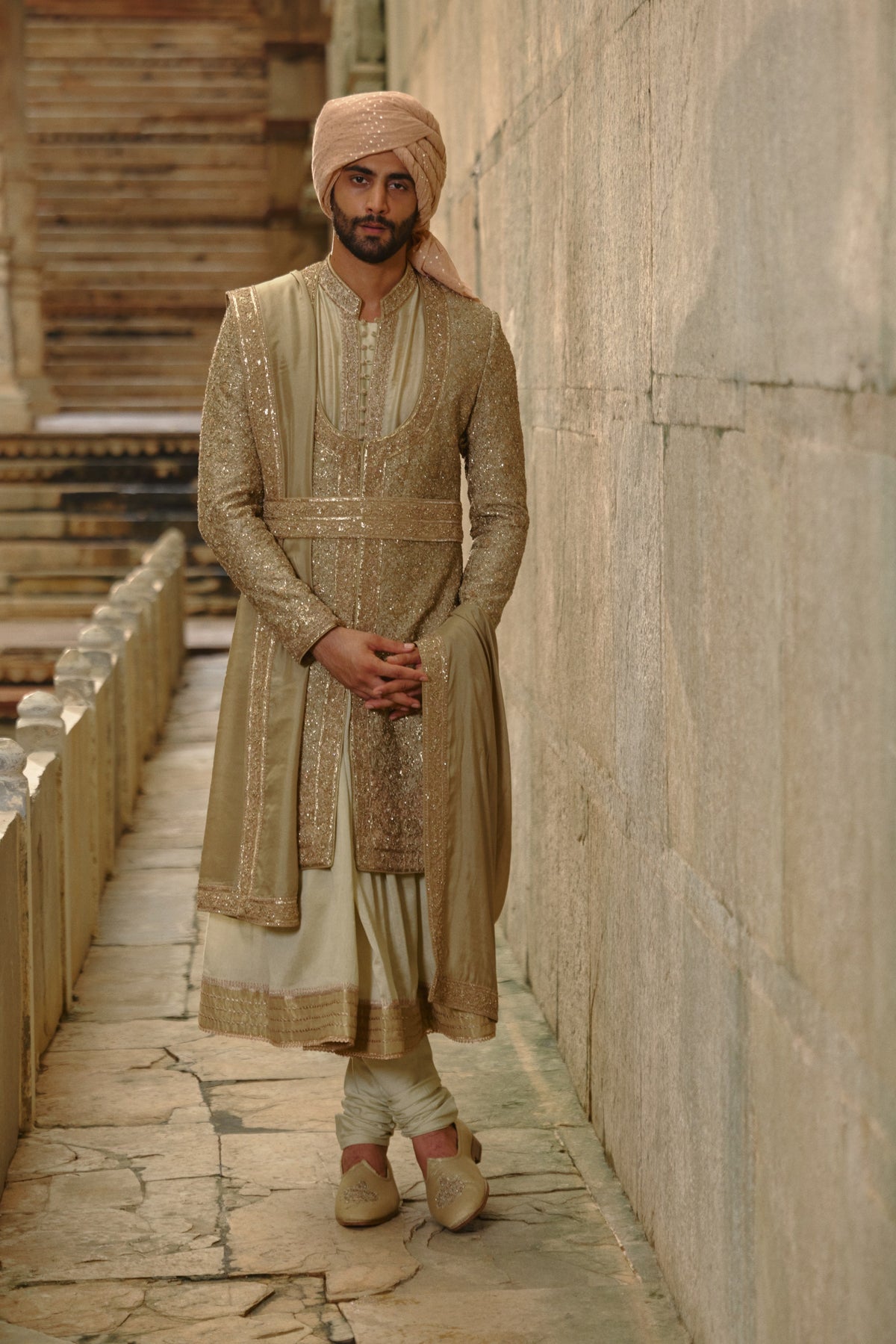 OLIVE GREEN RAW SILK SHERWANI WITH CHOGA SET