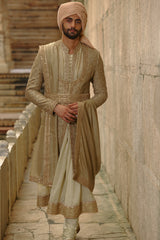 OLIVE GREEN RAW SILK SHERWANI WITH CHOGA SET