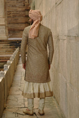 OLIVE GREEN RAW SILK SHERWANI WITH CHOGA SET