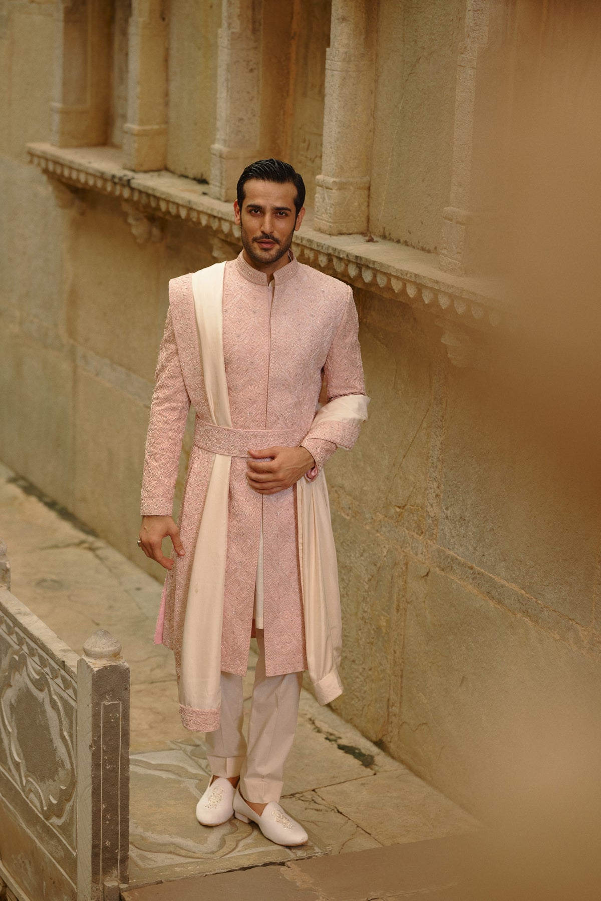 BLUSH PINK TAFFETA SILK SHERWANI SET