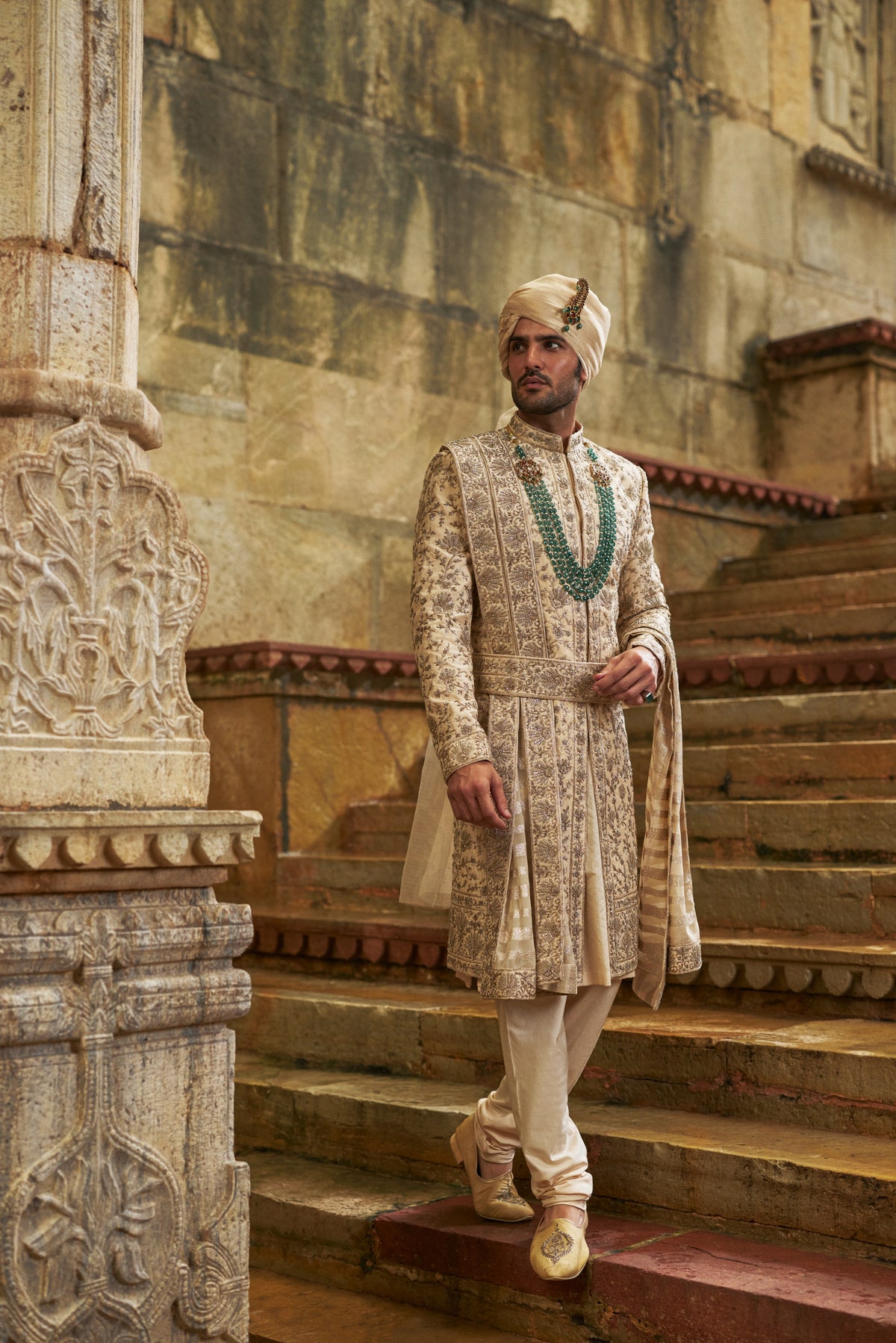 CREAM TAFFETA SHERWANI APPLIQUE AND ZARDOZI JAAL SET