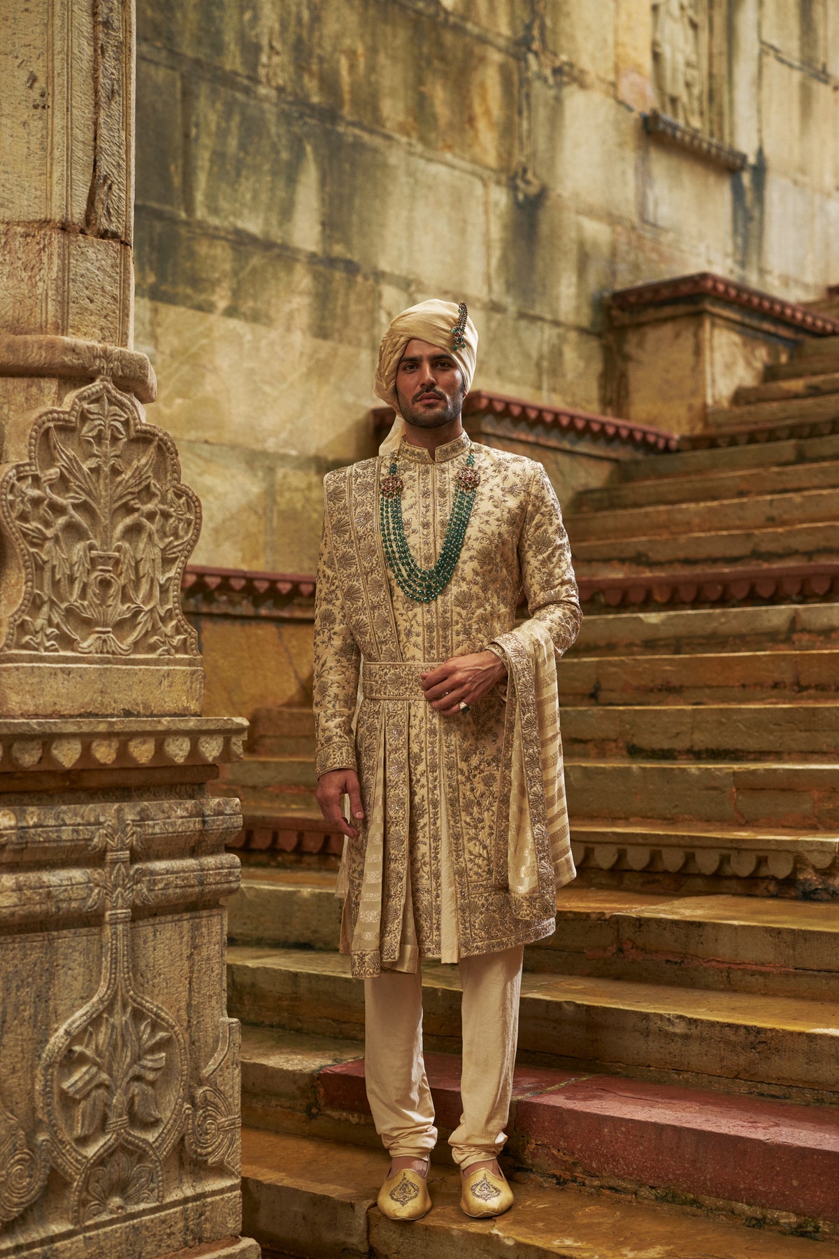 CREAM TAFFETA SHERWANI APPLIQUE AND ZARDOZI JAAL SET
