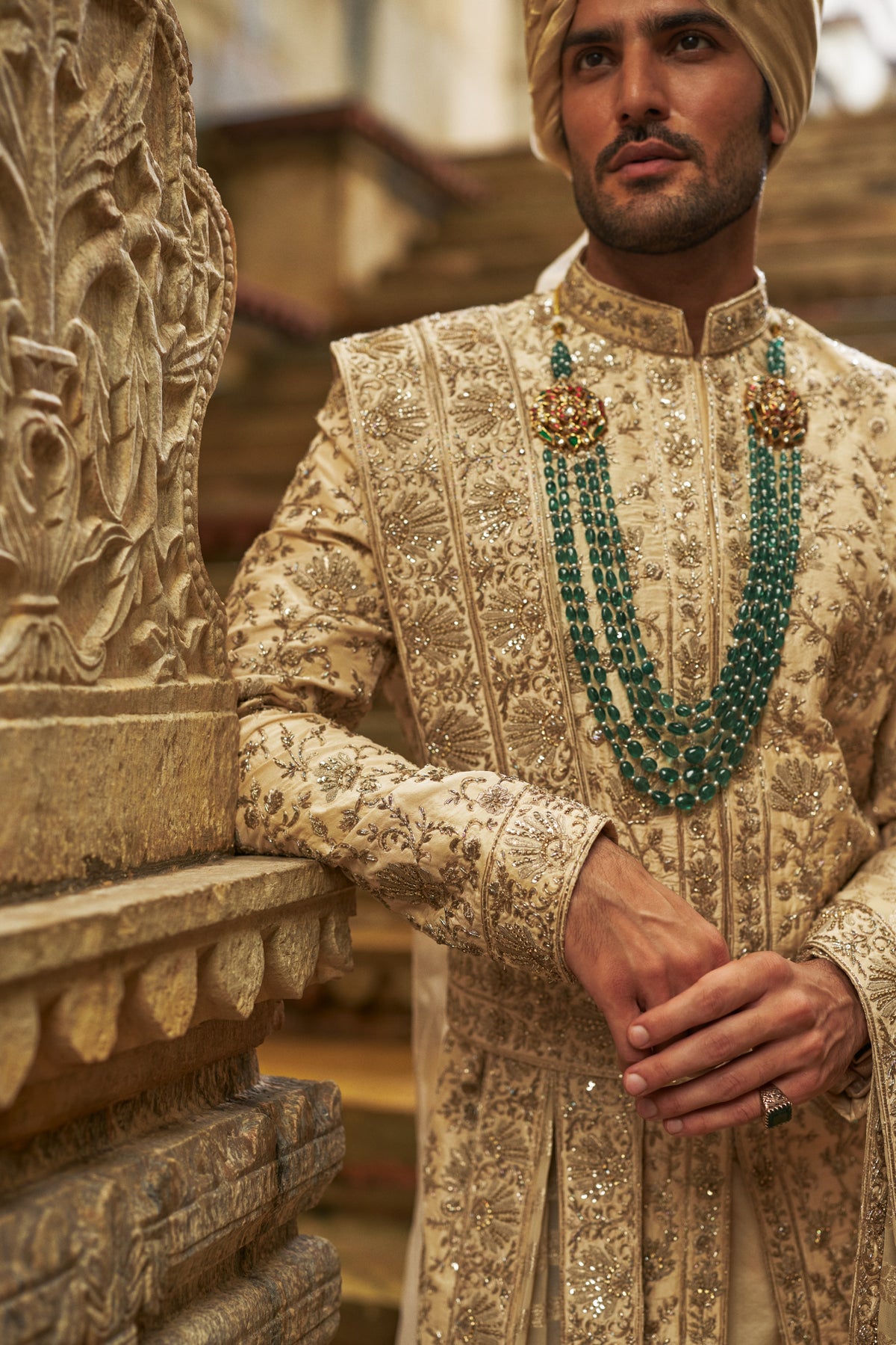 CREAM TAFFETA SHERWANI APPLIQUE AND ZARDOZI JAAL SET
