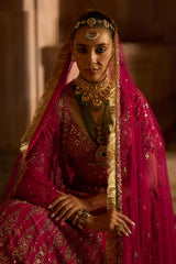 Fuchsia Red Raw Silk Bridal Lehenga Choli with a Tulle Dupatta and an Optional Second Tulle Dupatta