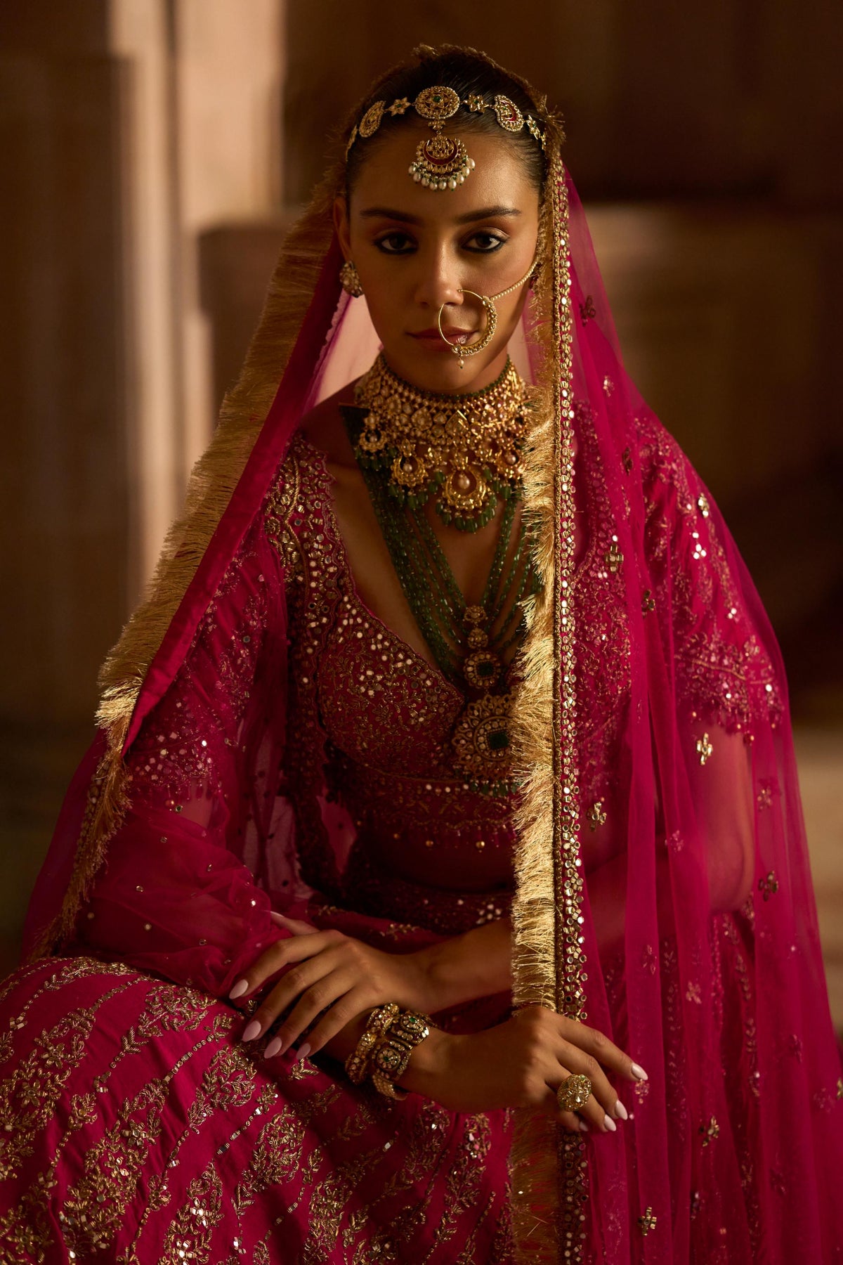 Fuchsia Red Raw Silk Bridal Lehenga Choli with a Tulle Dupatta and an Optional Second Tulle Dupatta