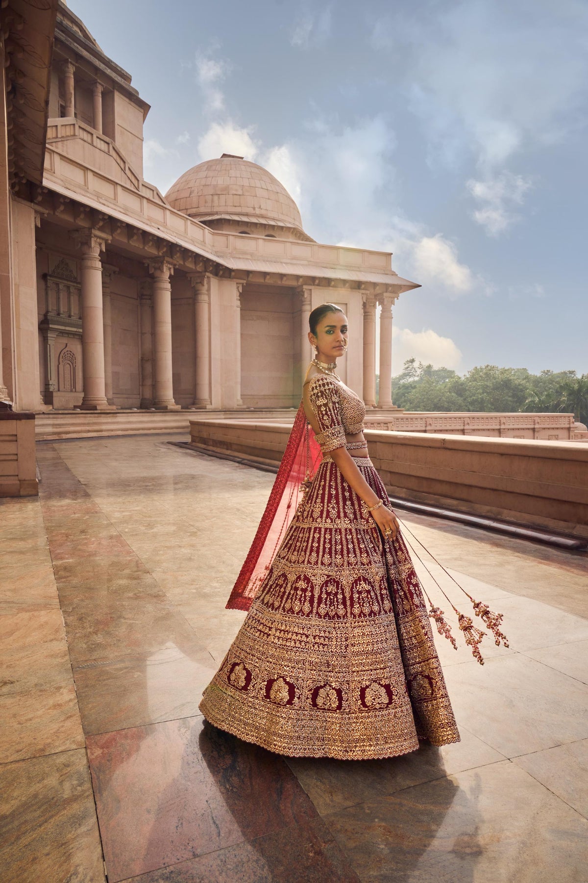 Maroon Raw Silk Lehenga Choli and Worked Belt with Tulle Dupatta