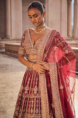 Maroon Raw Silk Lehenga Choli and Worked Belt with Tulle Dupatta