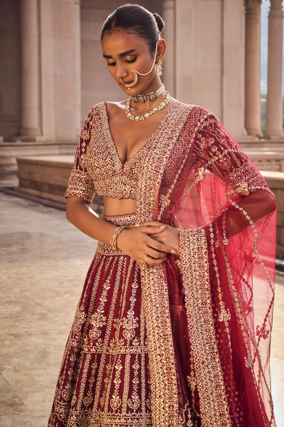 Maroon Raw Silk Lehenga Choli and Worked Belt with Tulle Dupatta