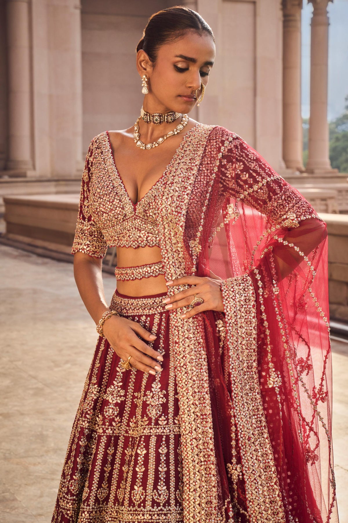 Maroon Raw Silk Lehenga Choli and Worked Belt with Tulle Dupatta