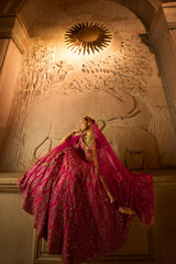 Fuchsia Red Raw Silk Bridal Lehenga Choli with a Tulle Dupatta and an Optional Second Tulle Dupatta