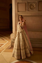 Ivory Tafetta Lehenga Choli Set with Two Tulle Dupattas