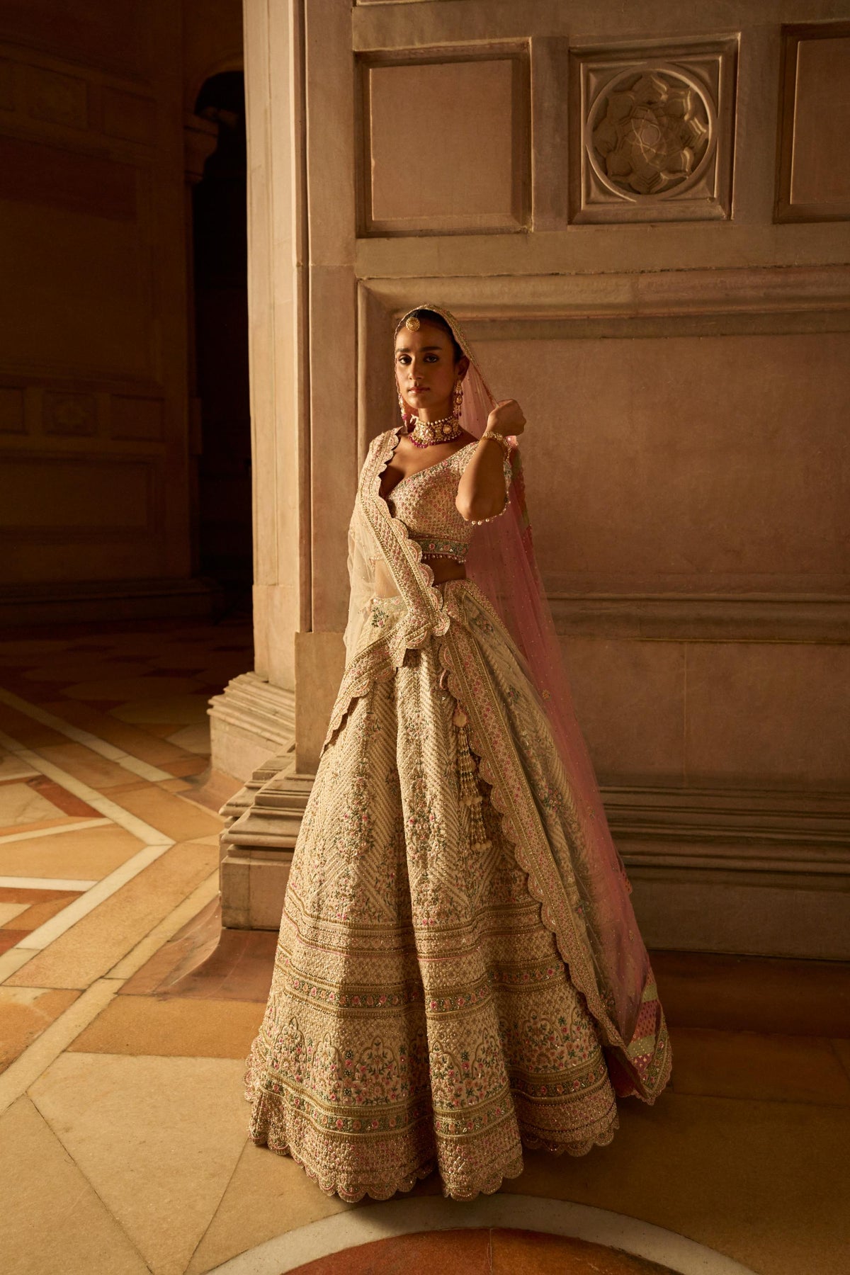 Ivory Tafetta Lehenga Choli Set with Two Tulle Dupattas