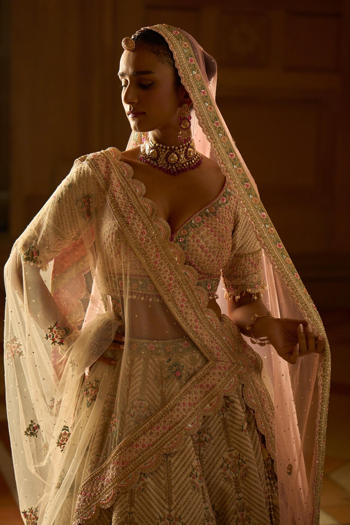 Ivory Tafetta Lehenga Choli Set with Two Tulle Dupattas