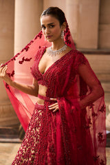Nude Tulle Lehenga Choli with worked Belt and contrasting Organza Dupatta with an Optional Tulle Veil