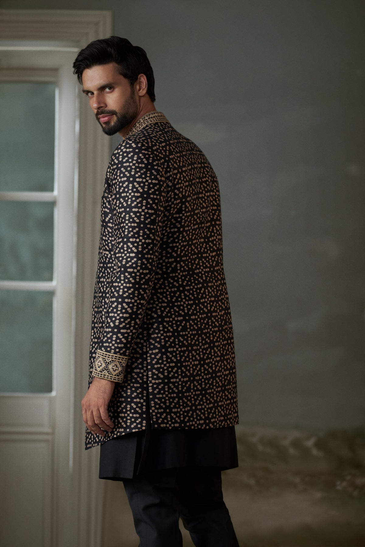 BLACK AND BEIGE PRINTED ACHKAN WITH KURTA AND TROUSER