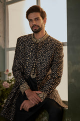 BLACK AND BEIGE PRINTED ACHKAN WITH KURTA AND TROUSER