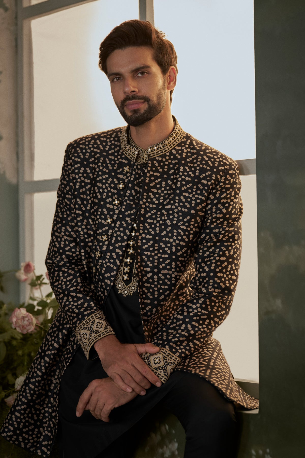 BLACK AND BEIGE PRINTED ACHKAN WITH KURTA AND TROUSER