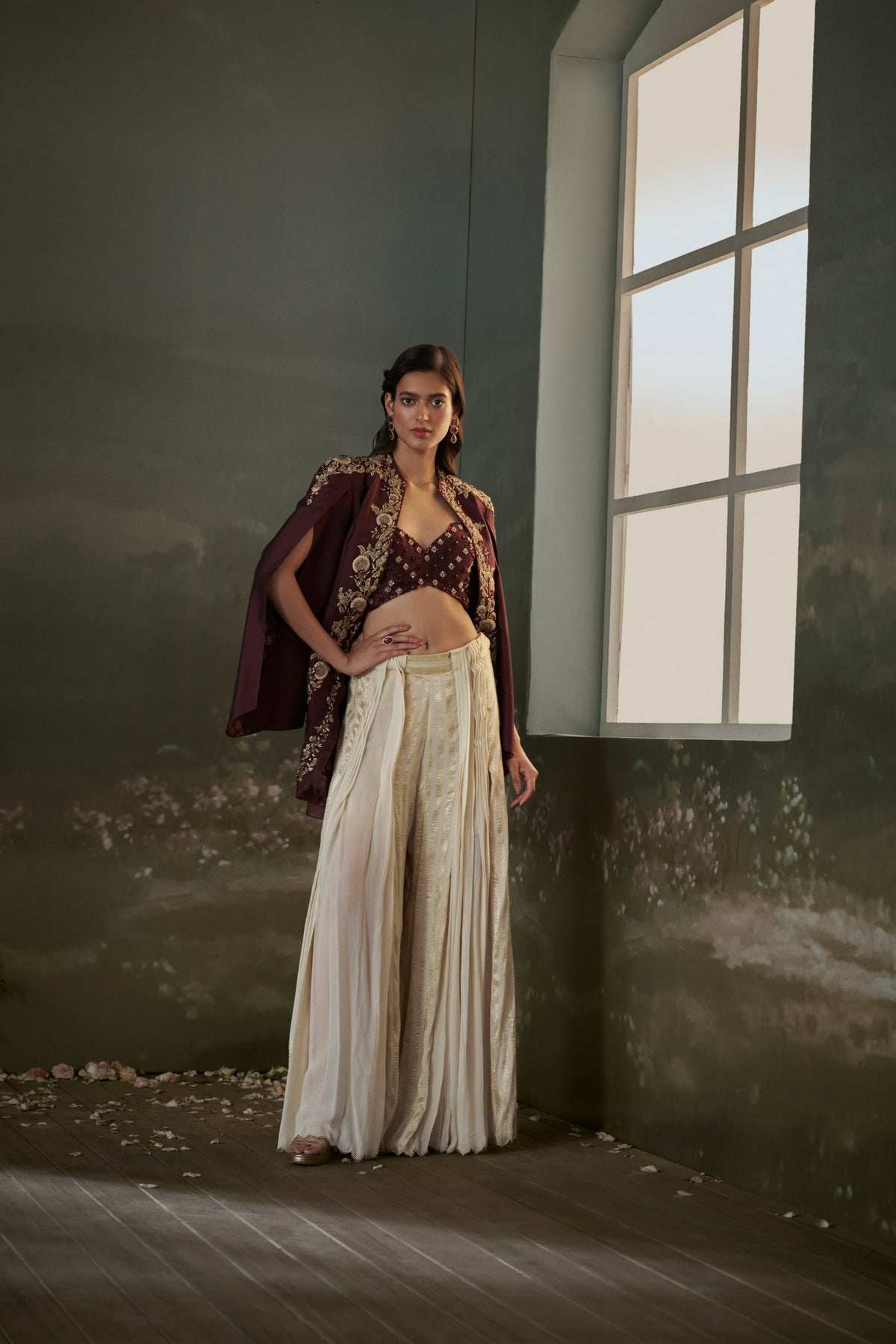Burgundy Cape And Sharara Set