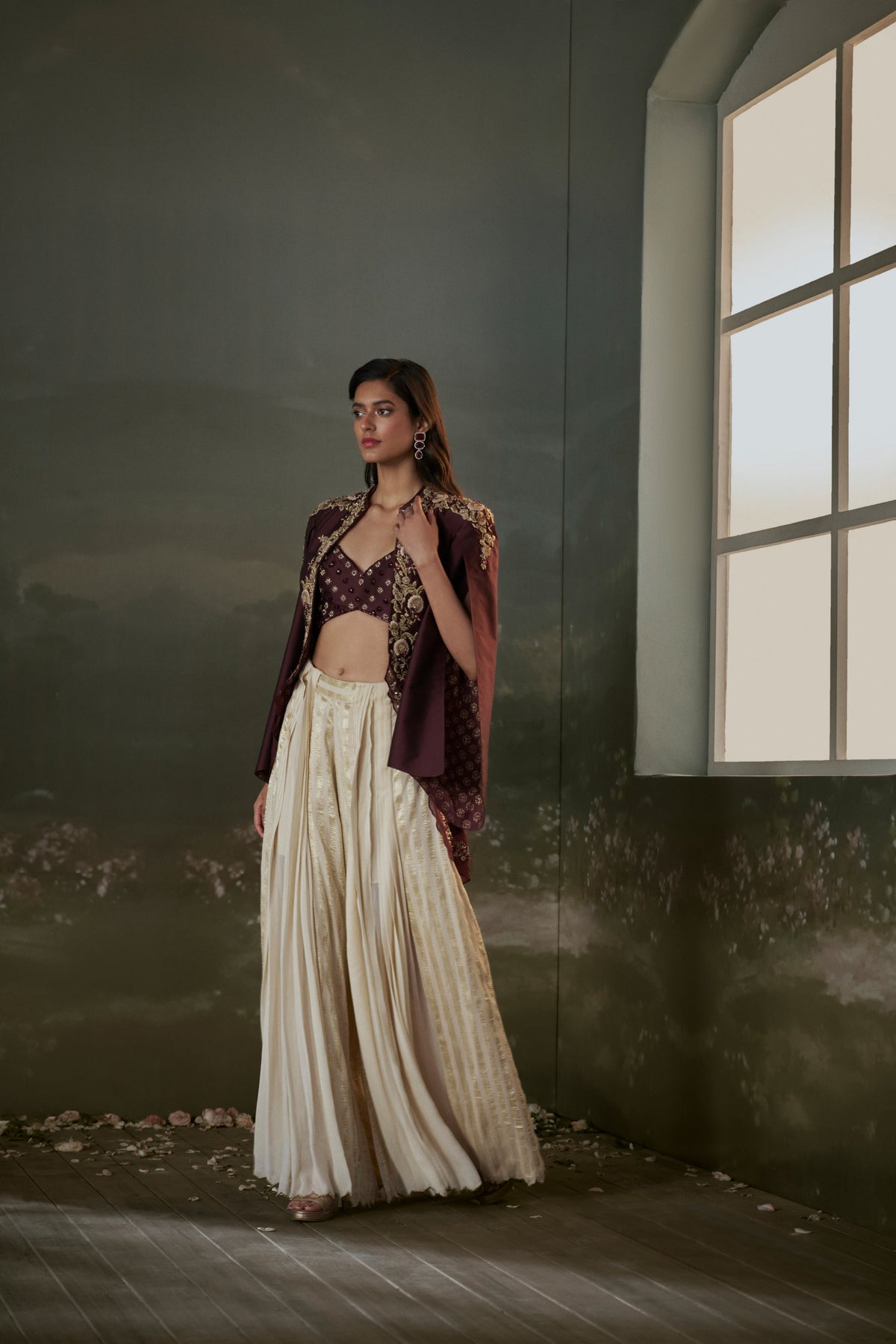 Burgundy Cape And Sharara Set
