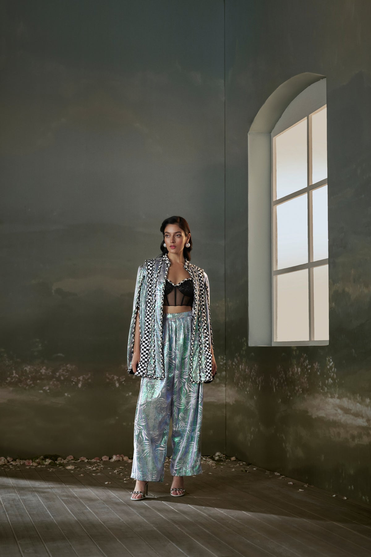 Printed Metallic Jacket Trouser Set With Corset