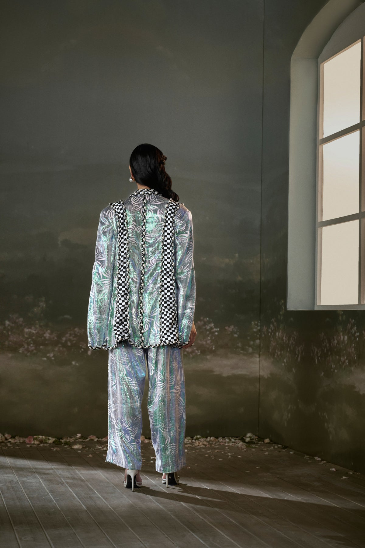 Printed Metallic Jacket Trouser Set With Corset
