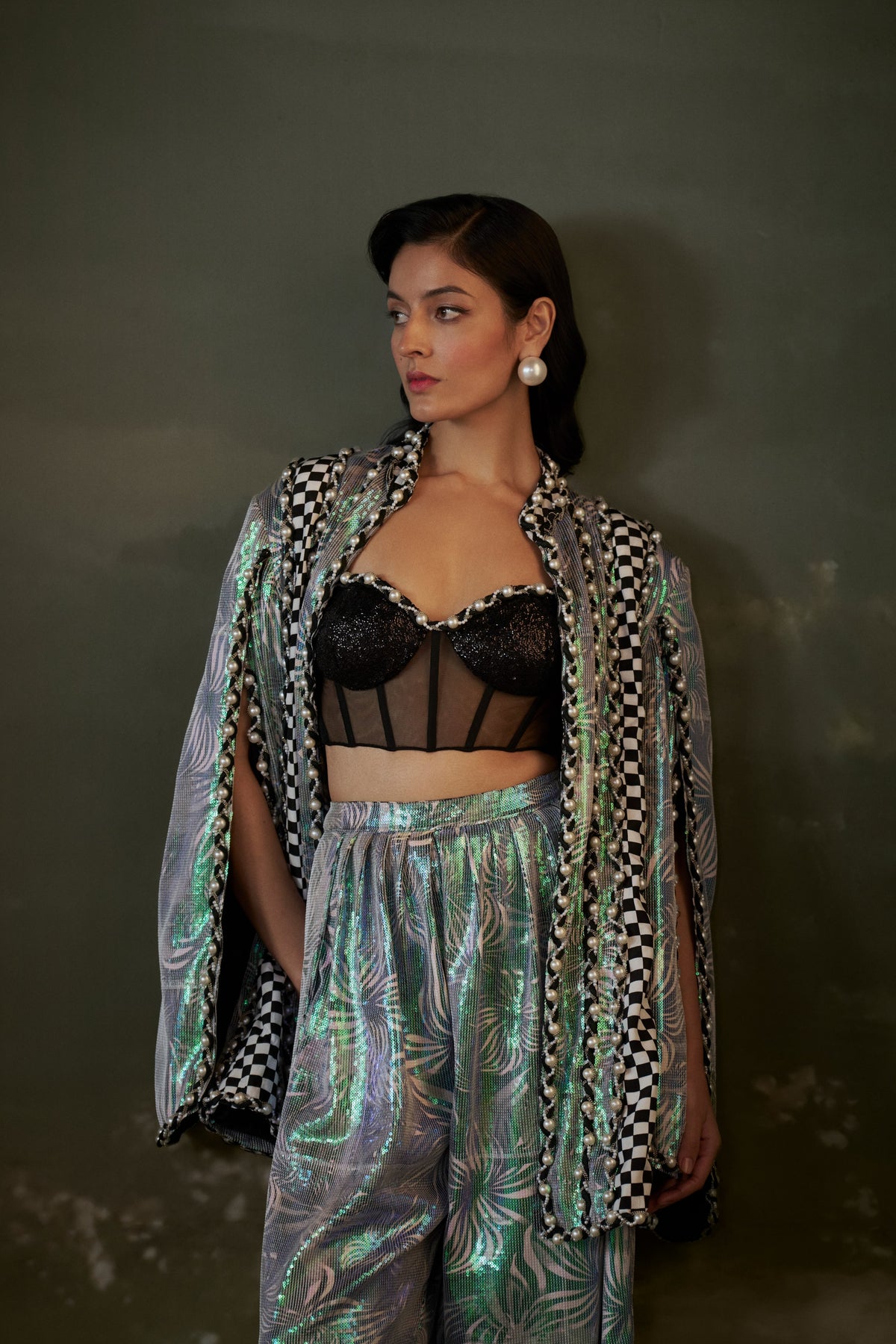 Printed Metallic Jacket Trouser Set With Corset