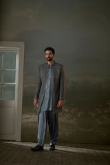 GREY LONG OPEN JACKET WORKED ALL OVER WITH SATIN KURTA AND PATIALA SALWAR
