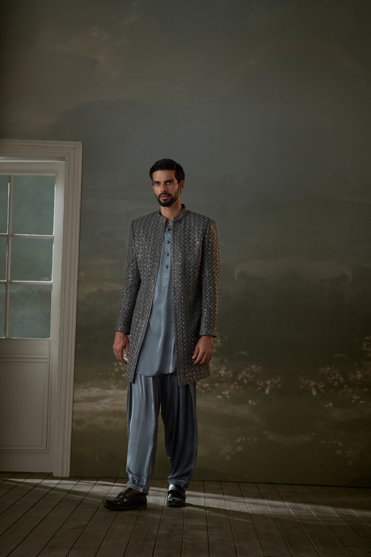 GREY LONG OPEN JACKET WORKED ALL OVER WITH SATIN KURTA AND PATIALA SALWAR