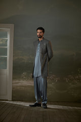 GREY LONG OPEN JACKET WORKED ALL OVER WITH SATIN KURTA AND PATIALA SALWAR