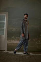 GREY LONG OPEN JACKET WORKED ALL OVER WITH SATIN KURTA AND PATIALA SALWAR