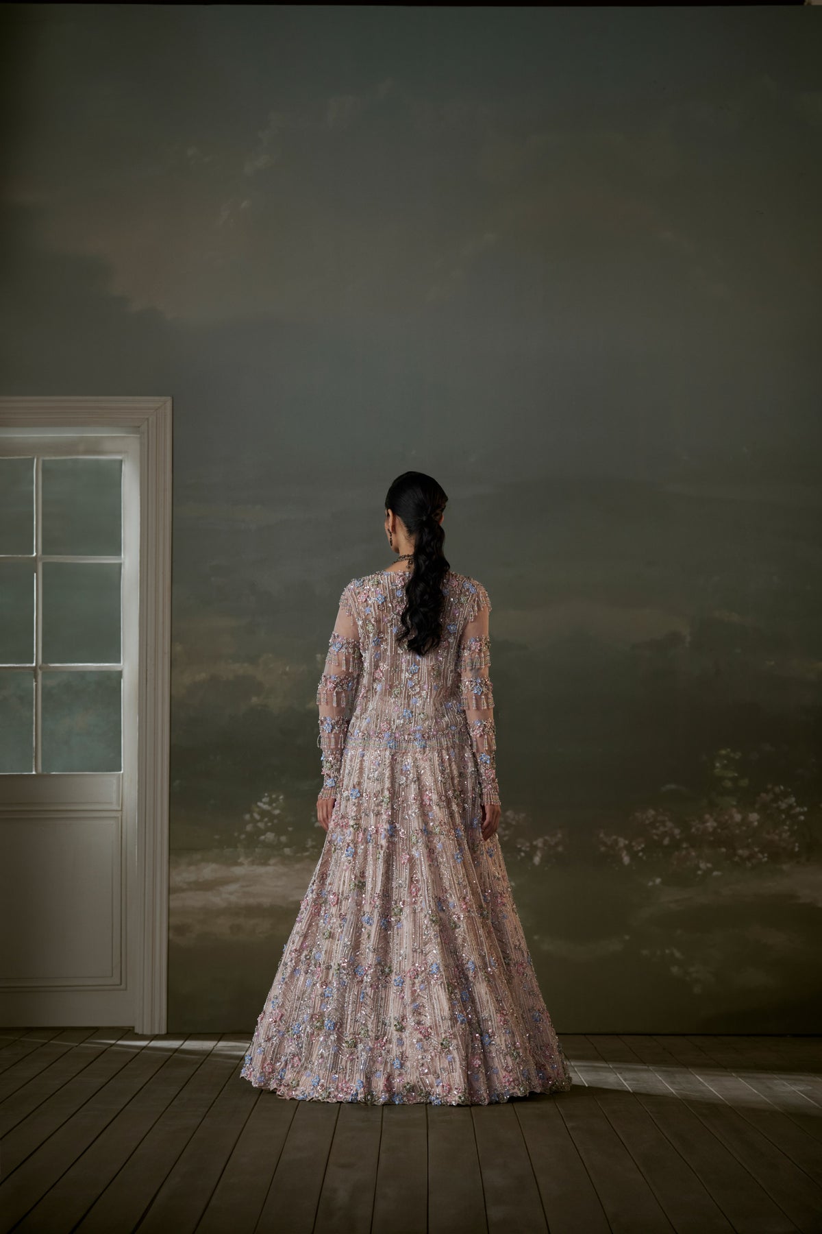 Peach Multicolored Lehenga Choli Set With Jacket
