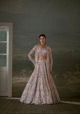 Peach Multicolored Lehenga Choli Set With Jacket
