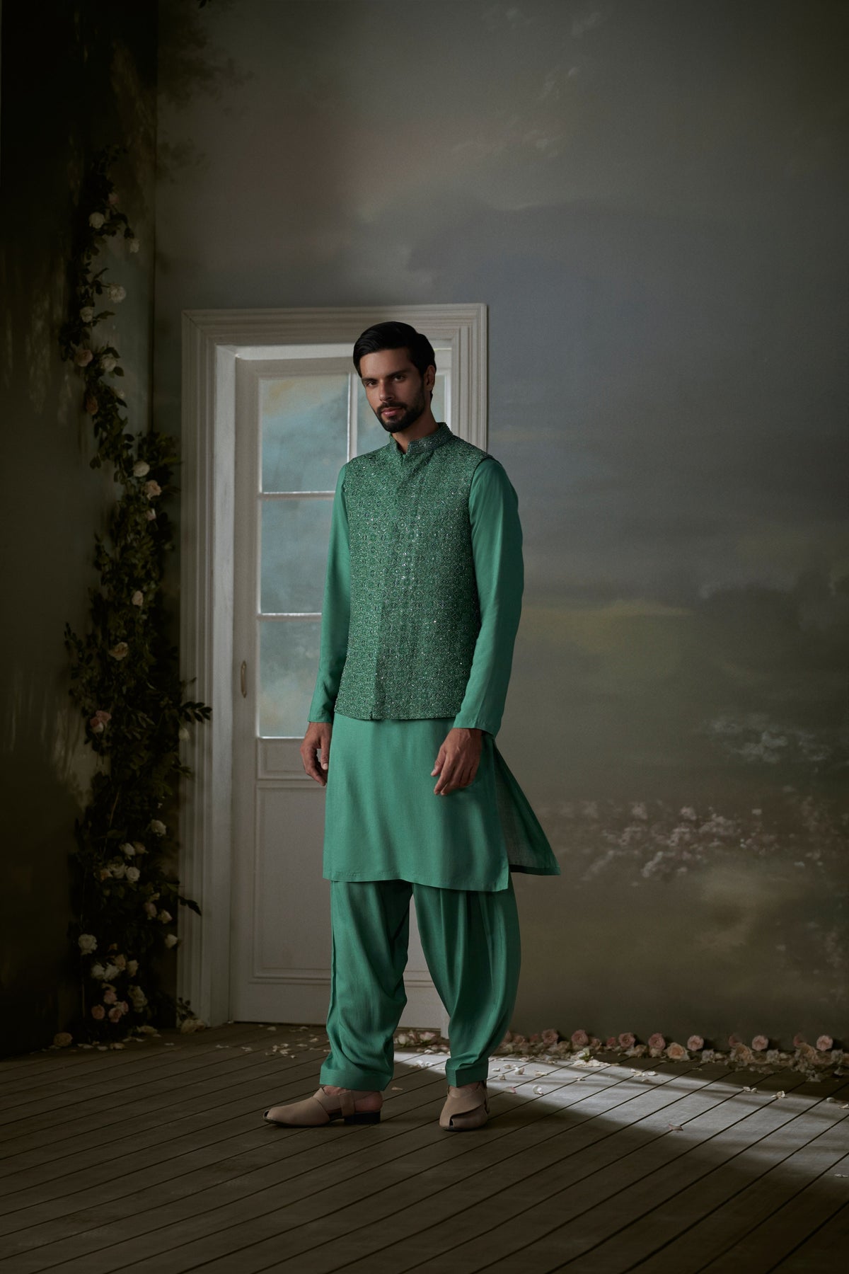 FOREST GREEN BUNDI WITH COTTON SILK KURTA AND SALWAR