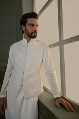 IVORY GEORGETTE KURTA AND PANT WITH EMBROIDERY NEHRU JACKET