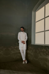 IVORY GEORGETTE KURTA AND PANT WITH EMBROIDERY NEHRU JACKET