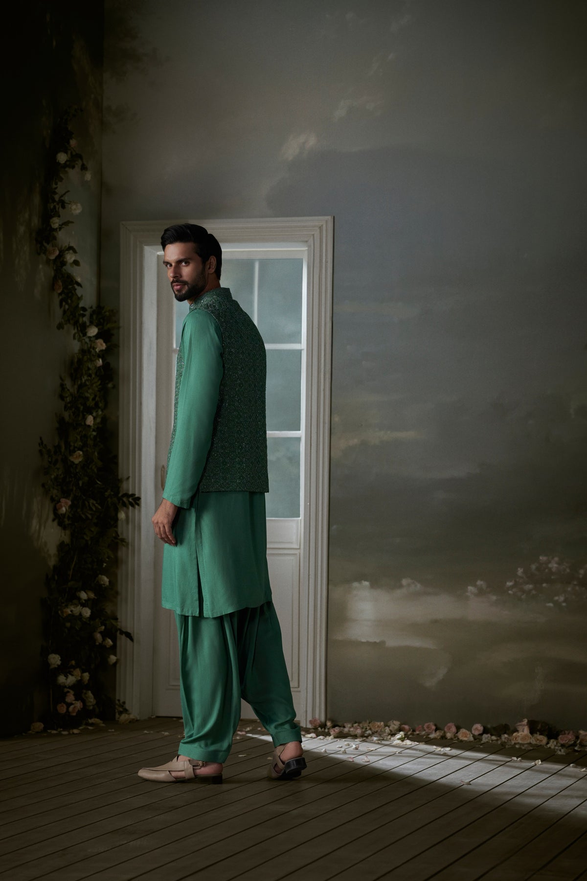 FOREST GREEN BUNDI WITH COTTON SILK KURTA AND SALWAR