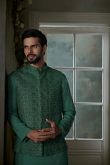 FOREST GREEN BUNDI WITH COTTON SILK KURTA AND SALWAR