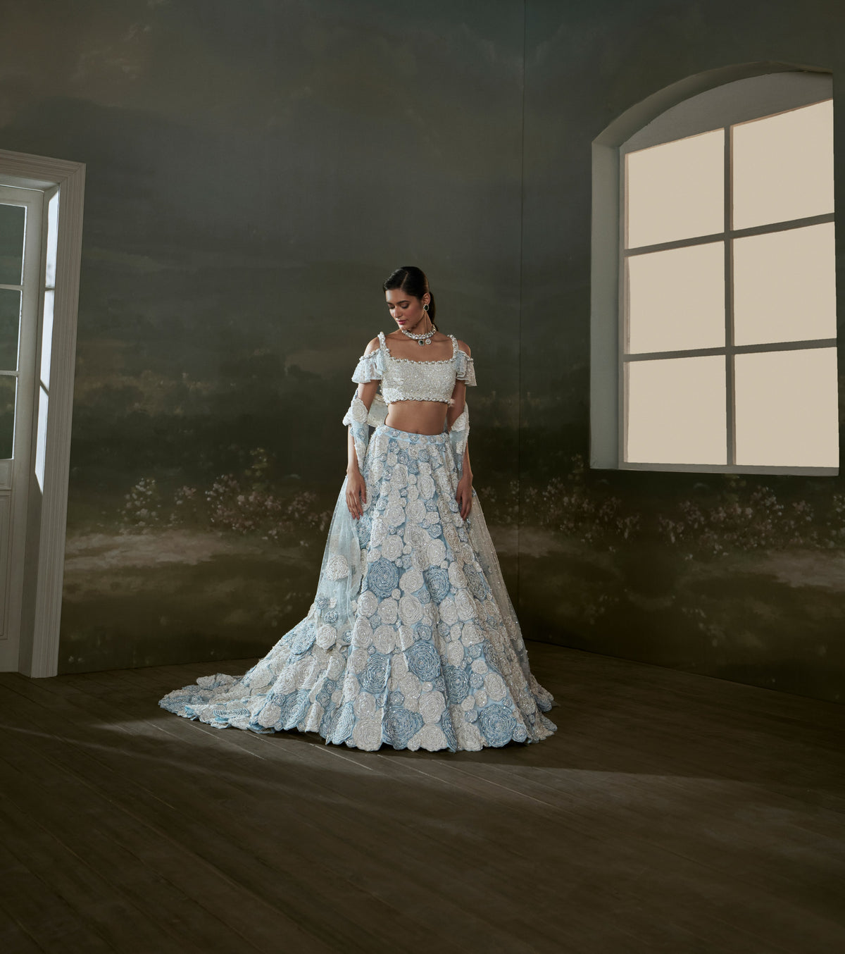 Powder Blue White Trail Lehenga Choli Set