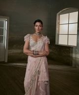 Rose Pink Pre-Draped Saree With Trail