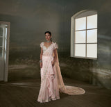 Rose Pink Pre-Draped Saree With Trail