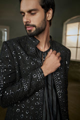 BLACK RAW SILK FULL SLEEVED JACKET WITH KURTA AND SALWAR