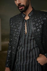 BLACK RAW SILK FULL SLEEVED JACKET WITH KURTA AND SALWAR