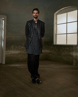 BLACK RAW SILK FULL SLEEVED JACKET WITH KURTA AND SALWAR