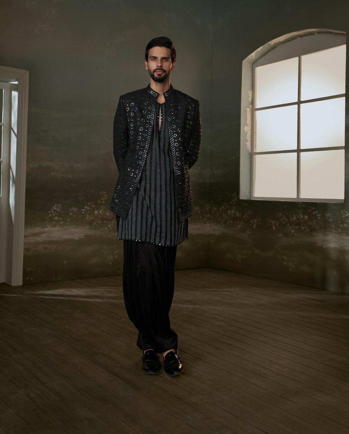 BLACK RAW SILK FULL SLEEVED JACKET WITH KURTA AND SALWAR