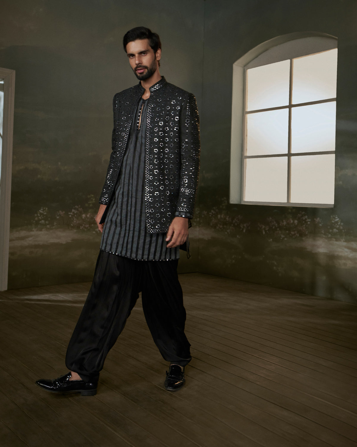 BLACK RAW SILK FULL SLEEVED JACKET WITH KURTA AND SALWAR