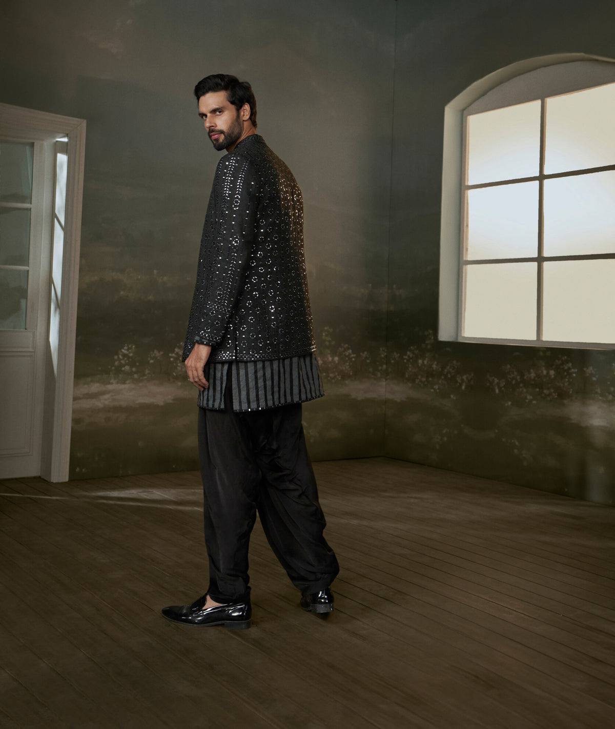 BLACK RAW SILK FULL SLEEVED JACKET WITH KURTA AND SALWAR