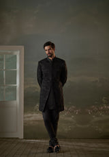 BLACK SHORT RAW SILK SHERWANI ALL OVER EMBROIDERED WITH KURTA AND TROUSER
