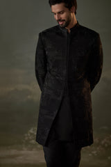 BLACK SHORT RAW SILK SHERWANI ALL OVER EMBROIDERED WITH KURTA AND TROUSER