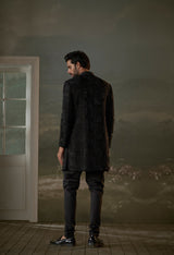 BLACK SHORT RAW SILK SHERWANI ALL OVER EMBROIDERED WITH KURTA AND TROUSER